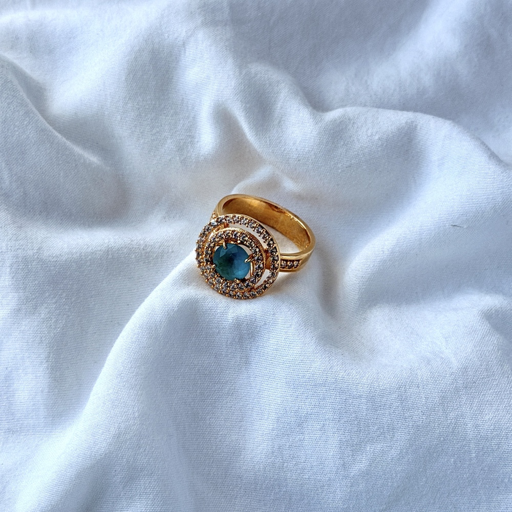Double Halo Ring - Blue Zirconia - 18k Gold Plated - Size 10